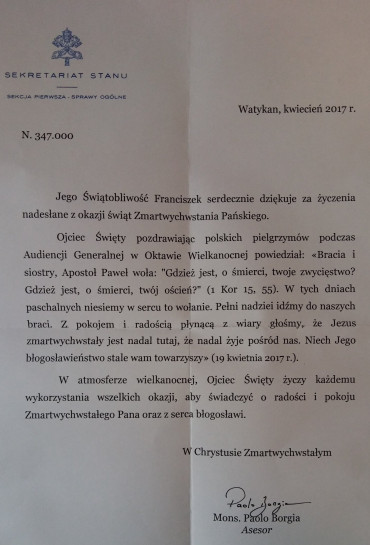 list od Ojca Świętego